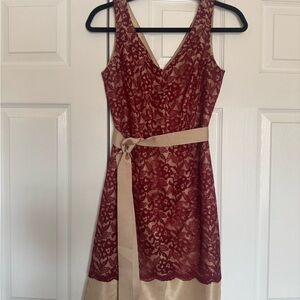 The Limited Burgundy Lace Midi Dress with Beige Satin Belt